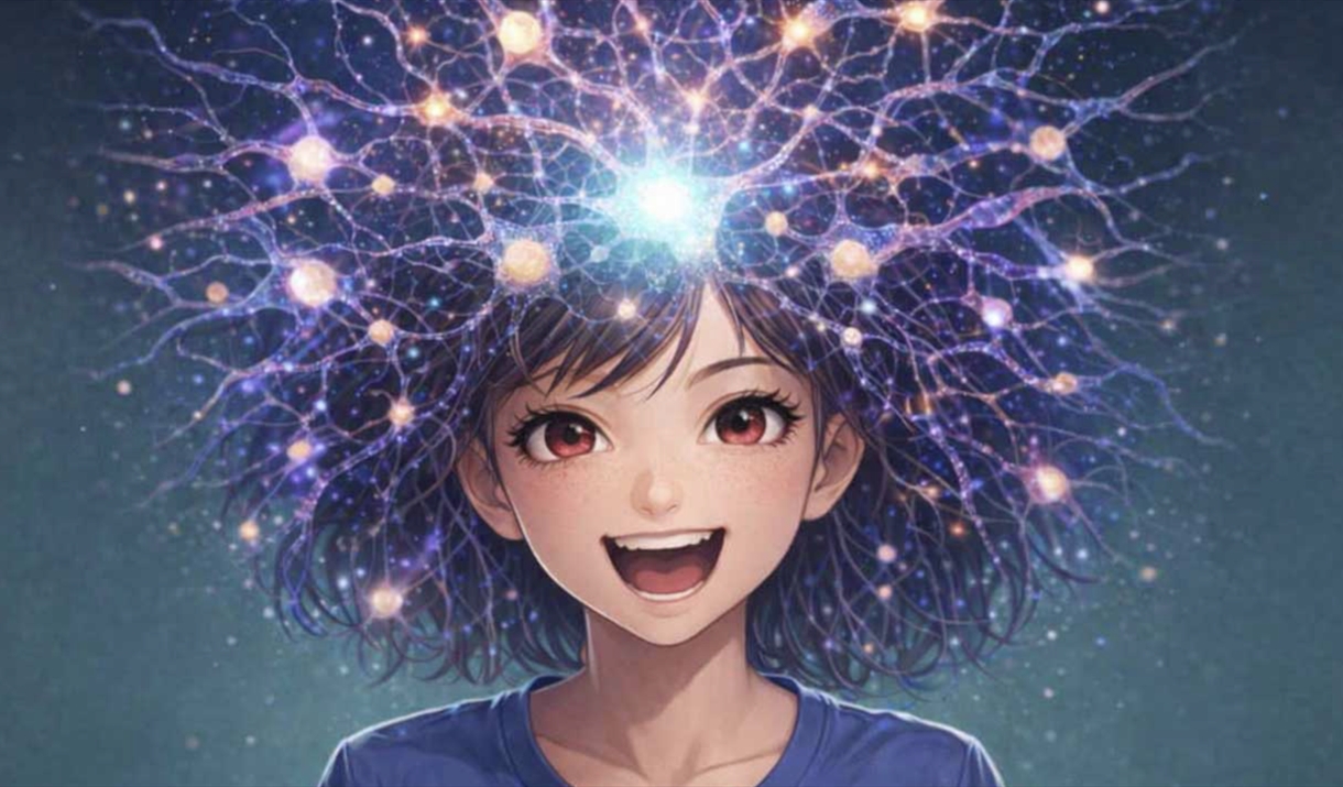 A young person's character with sparks coming out of her head