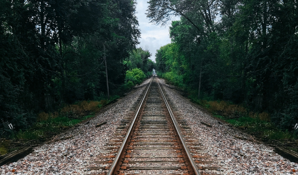 A picture of empty train tracks surrounded by trees