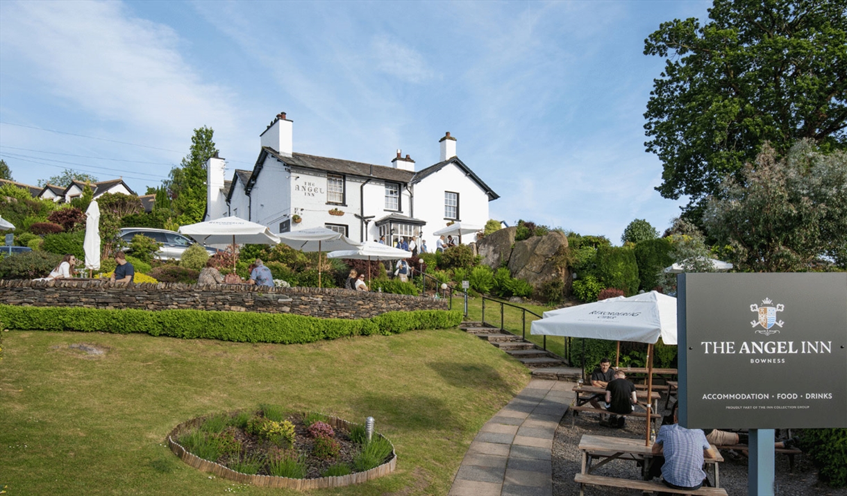 Exterior and outdoor seating at The Angel Inn in Bowness-on-Windermere, Lake District