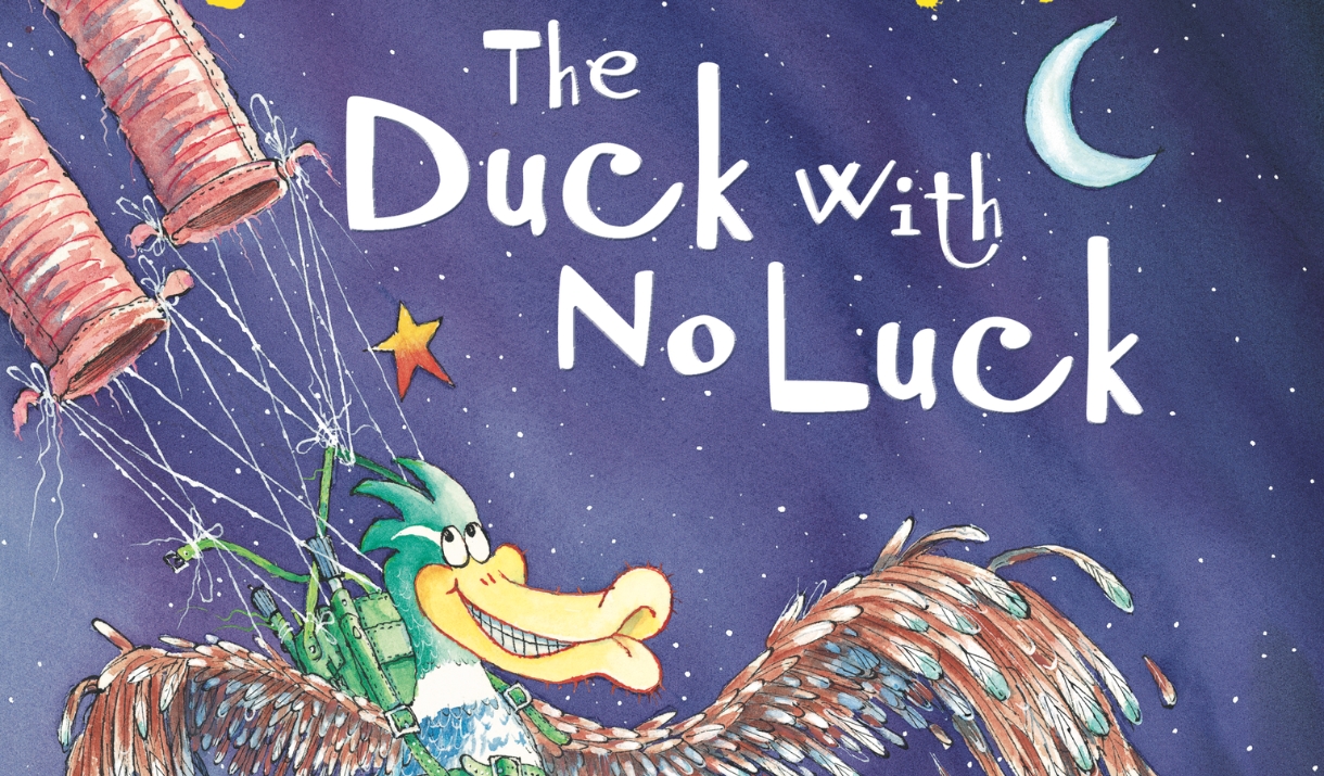 A drawing of a smiling duck floating in the night sky