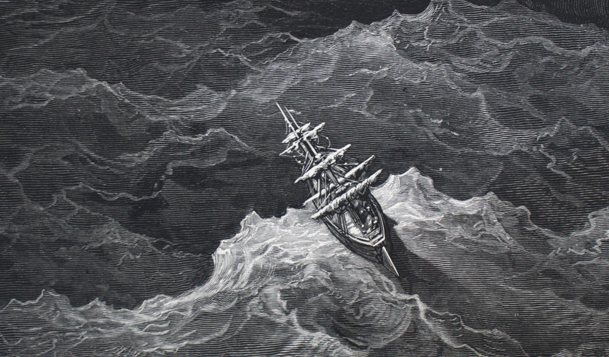 Engraving of a ship on stormy waters