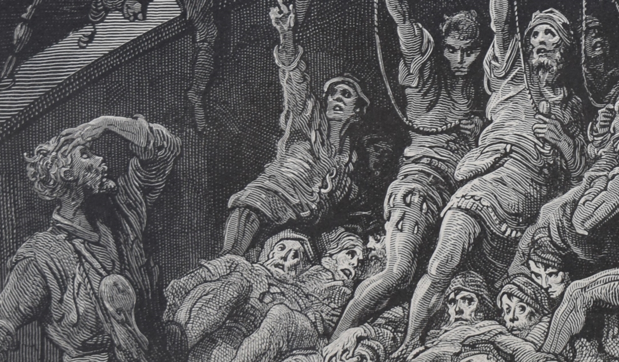 Illustration of screaming men on an historical ship.