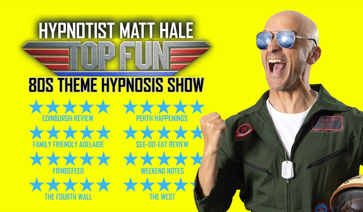 Poster for Matt Hale's Top Fun hypnosis show. companioned by multiple 5 star reviews