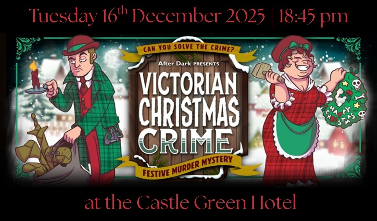 Illustration for "Victorian Christmas Crime" showing a detective holding a candle and a women hammering in a Christmas wreath with bones on it