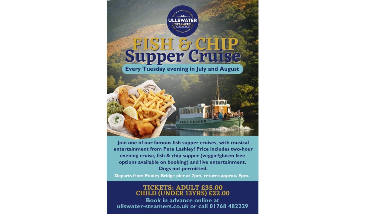 Flyer for Fish & Chip Supper Cruise with Ullswater 'Steamers' in the Lake District, Cumbria