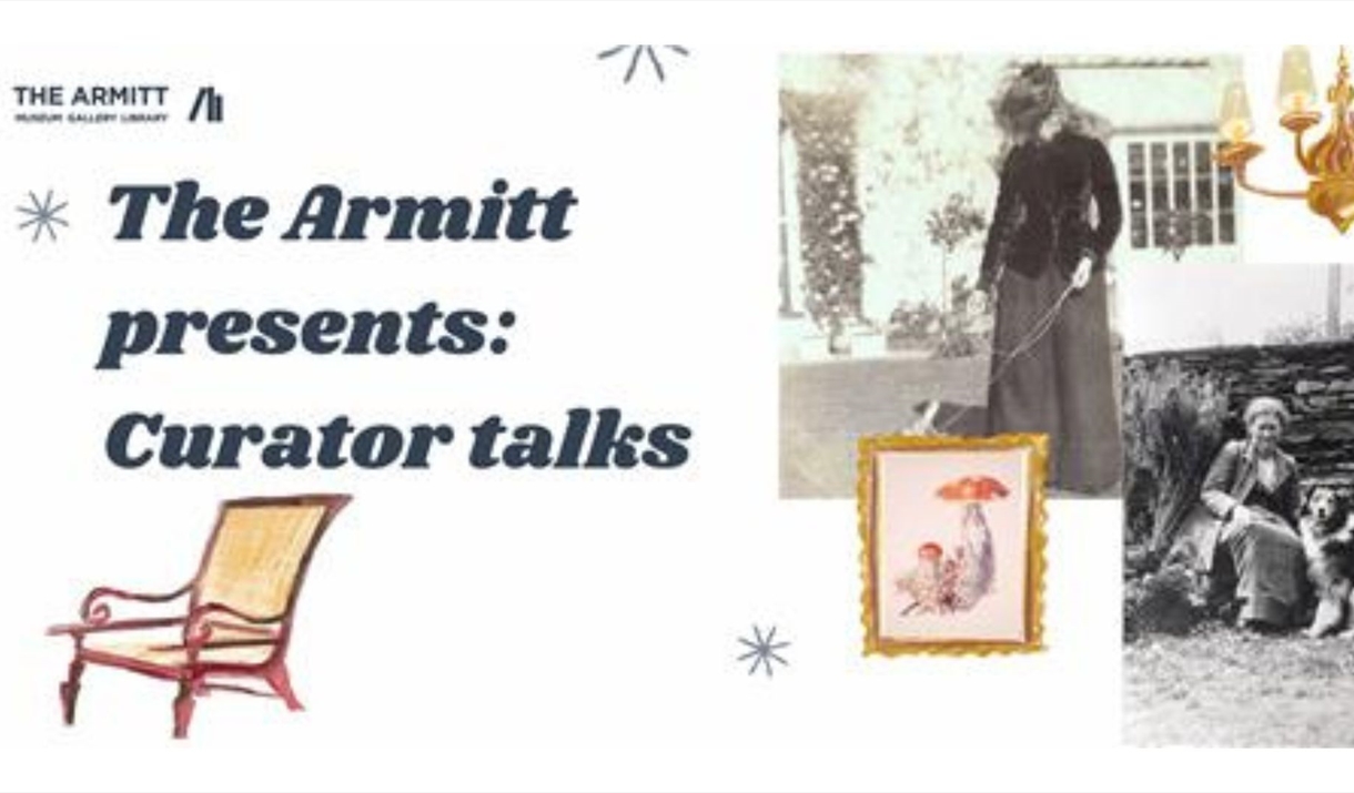 The Armitt presents: Curator talks. Curator talk poster with a white background, two black and white photos of Beatrix Potter, one with her stood hold