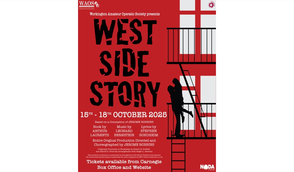 WAOS West Side Story Poster. Illustration of man and women outside on railings holding each other.