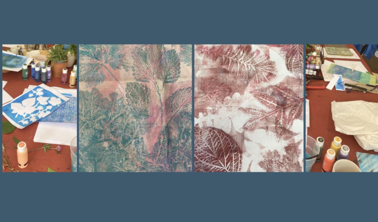 A collage of nature-inspired gel-plate printmaking. showing paint bottles, stencils, leaf patterns, and prints created using botanical textures.