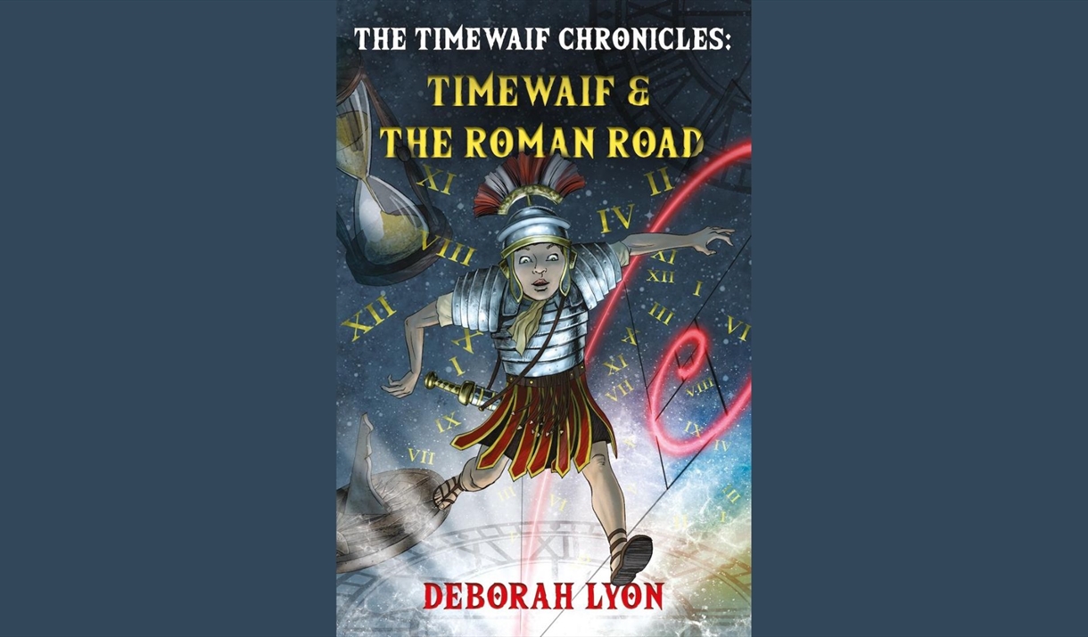 Book cover of 'The Timewaif Chronicles: Timewaif & The Roman Road' by Deborah Lyon. The illustration shows a young girl dressed as a Roman soldier, st