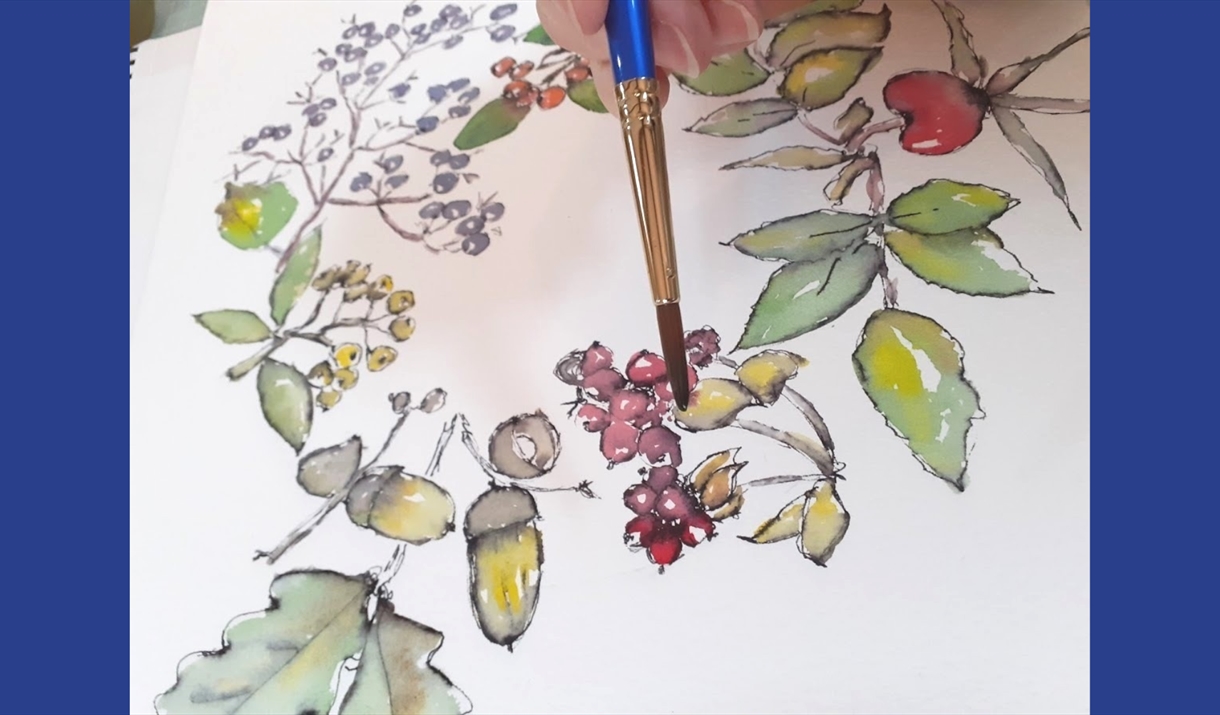 someone painting a botanical illustration with watercolors.
