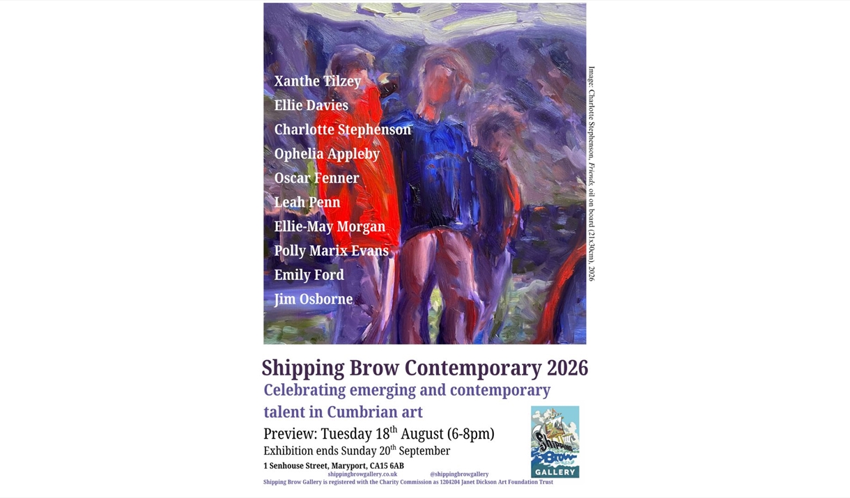 Poster for Shipping Brow Contemporary 2026 featuring a bright impressionist style painting of three figures in front of Melbreak at sunset