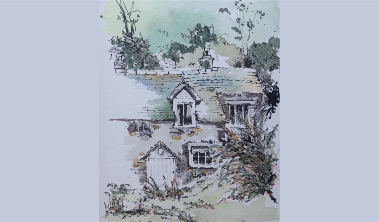 a watercolour painting of a cottage