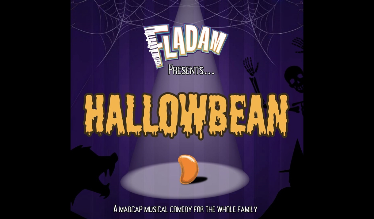 A cartoon image of a singular bean in a spotlight surrounded by skeletons, wolves and witches