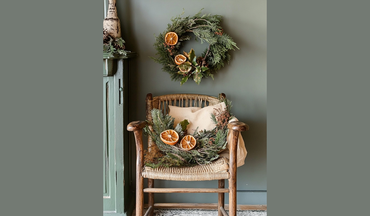 wicker seat with a Christmas wreath