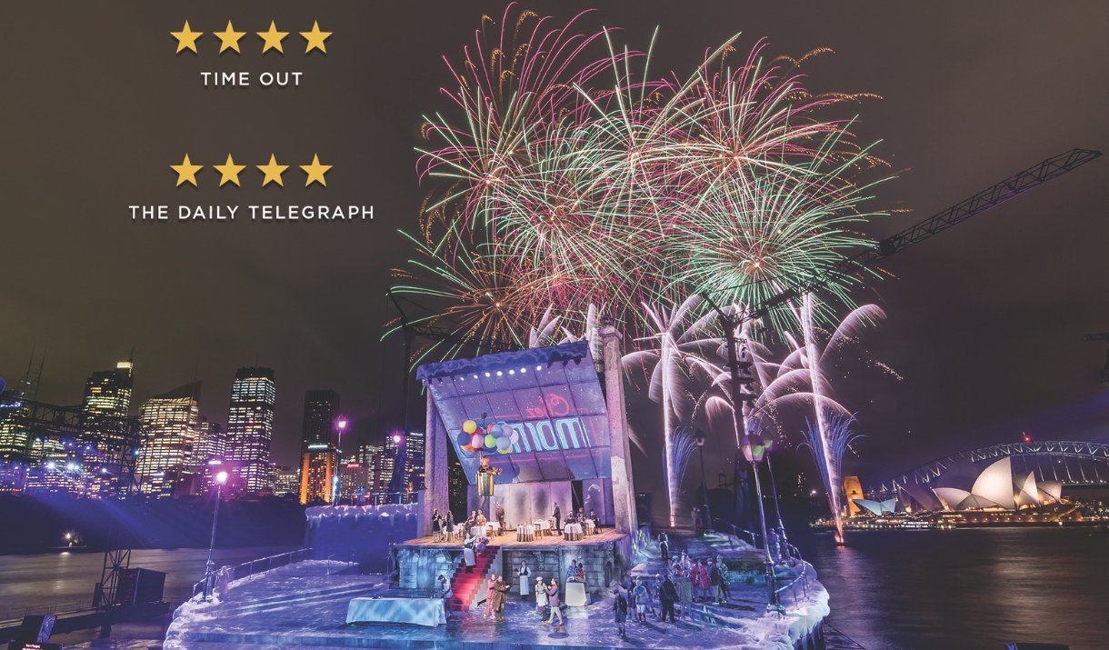 Photo of fireworks above Sydney harbour with a concert being done on the river