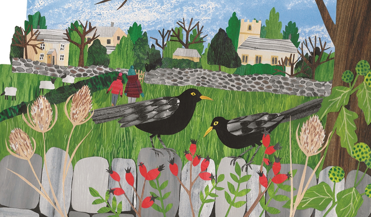 Silverdale & Arnside Arts Festival exhibitor Gill Ferguson's collage of blackbirds with rosehips and local village scenery.