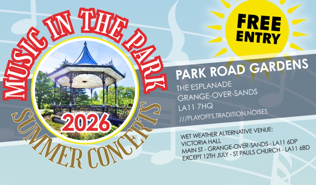 Poster for Music in the Park, showing the grange bandstand.