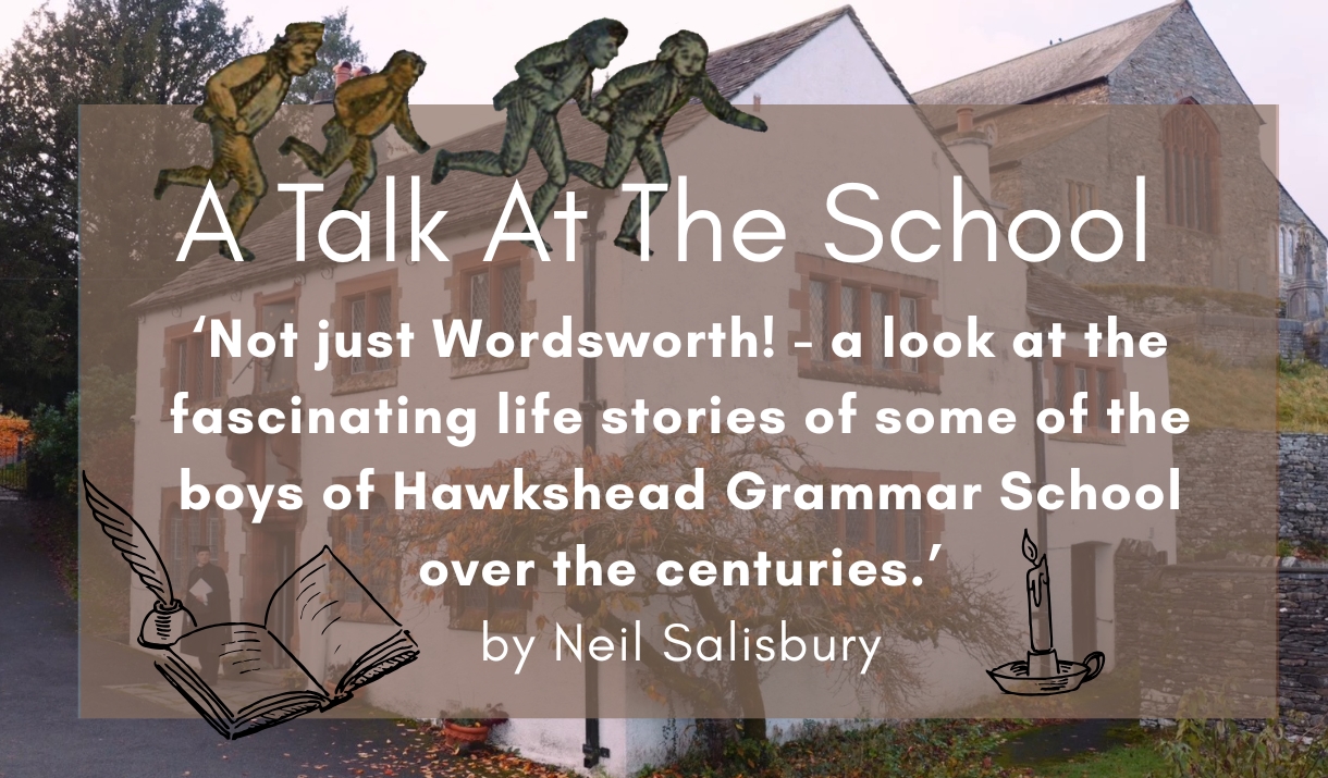 A white school building overlayed with the talk title and illustrations of young boys playing.