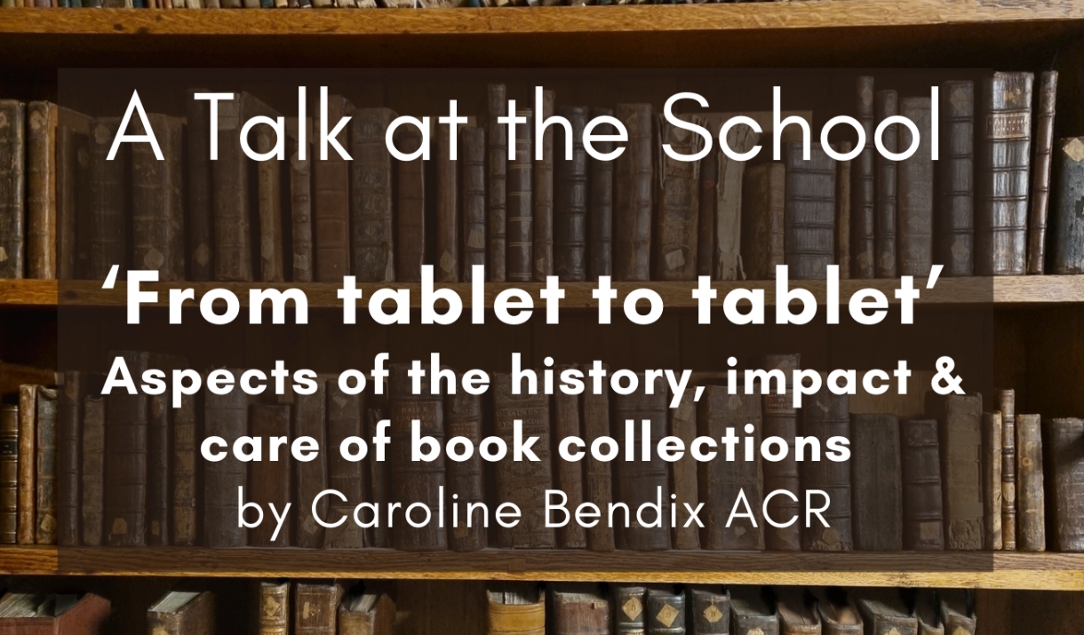Four shelves of old library books with talk title in the foreground.