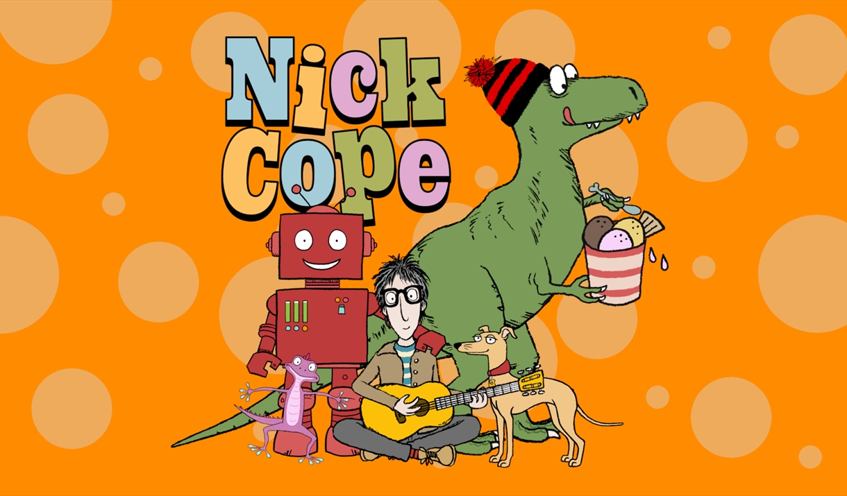 a cartoon Nick Cope playing a guitar with a cartoon dog, dinosaur and robot