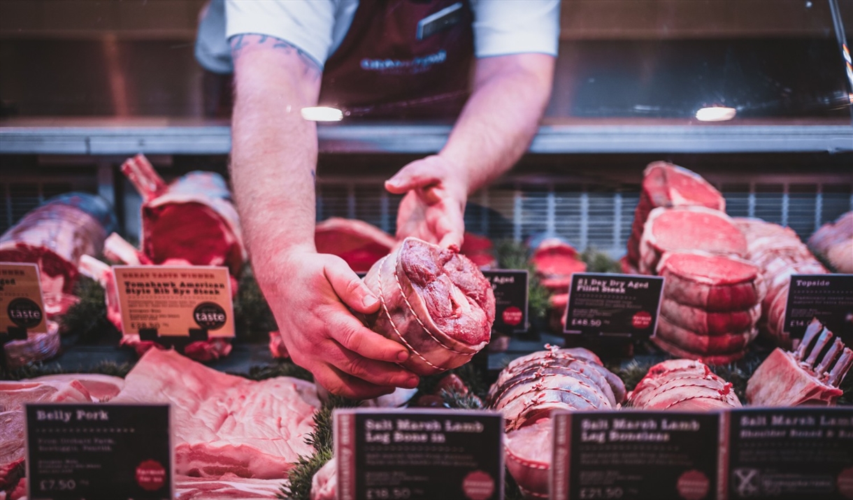Salt Marsh Lamb in butcher counter at Cranstons Food Hall in Cumbria