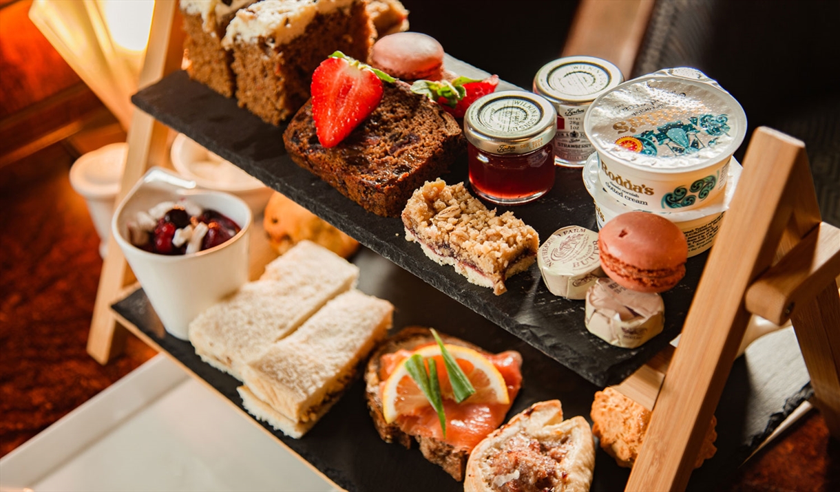 Afternoon Tea Stand with Food at Bassenthwaite Lake Station & Carriage Cafe in Bassenthwaite Lake, Lake District