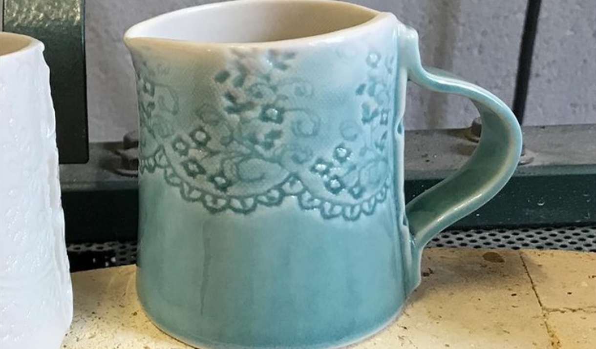 A textured Porcelain jug ~ with Cath Ball of 'Stitched Ceramics'