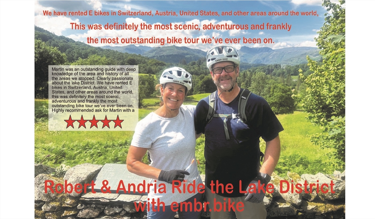 Couple on a guided cycle tour with EMBR Adventures in the Lake District, Cumbria, with a review written on the image