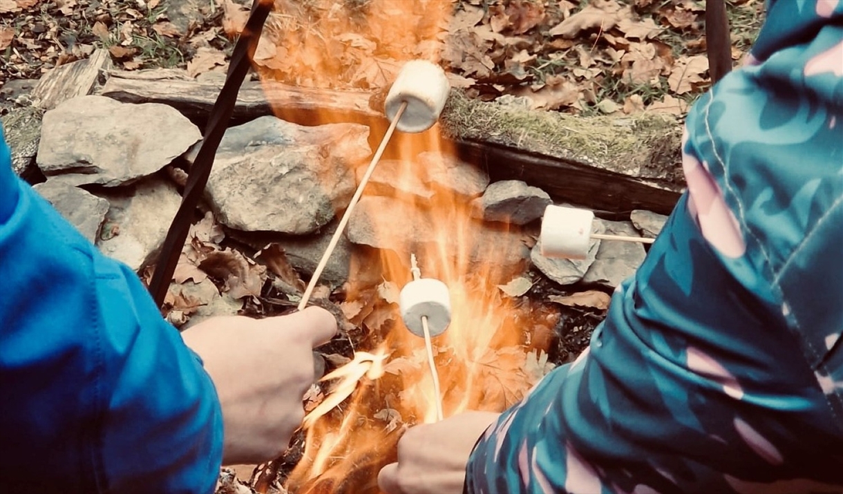 Visitors toasting marshmallows during a bushcraft experience with Graythwaite Adventure in the Lake District, Cumbria