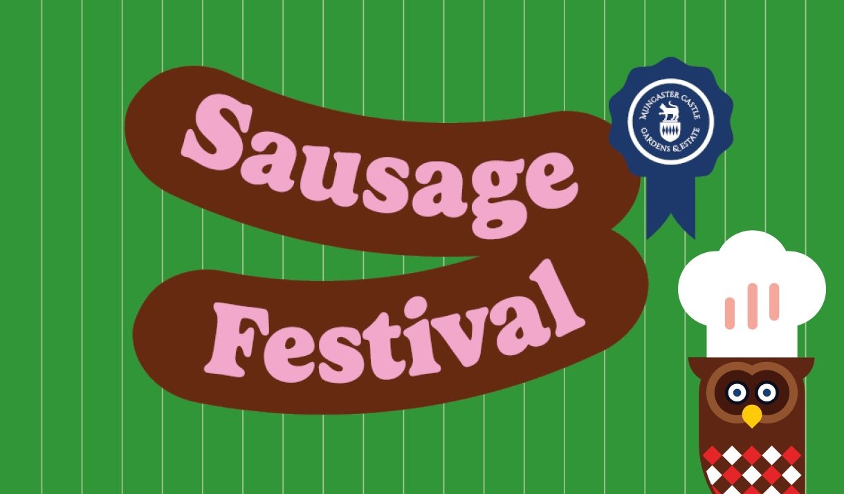 Muncaster Sausage Festival logo brown sausage on green background with pink text saying Sausage Festival and an owl mascott in a chef's hat.