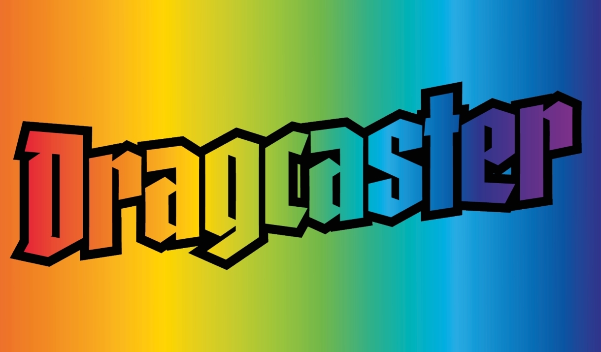 Muncaster's Dragcaster logo on a rainbow background