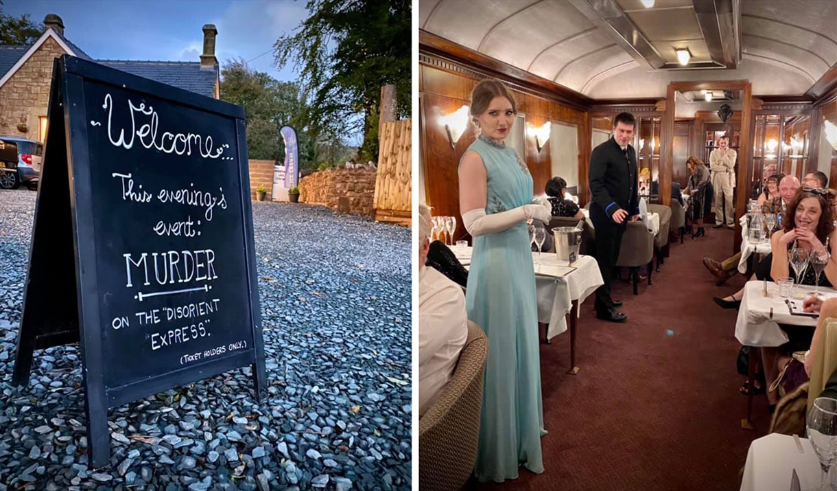 Signage and Actors at Murder Mystery Nights at Bassenthwaite Lake Station in Bassenthwaite Lake, Lake District