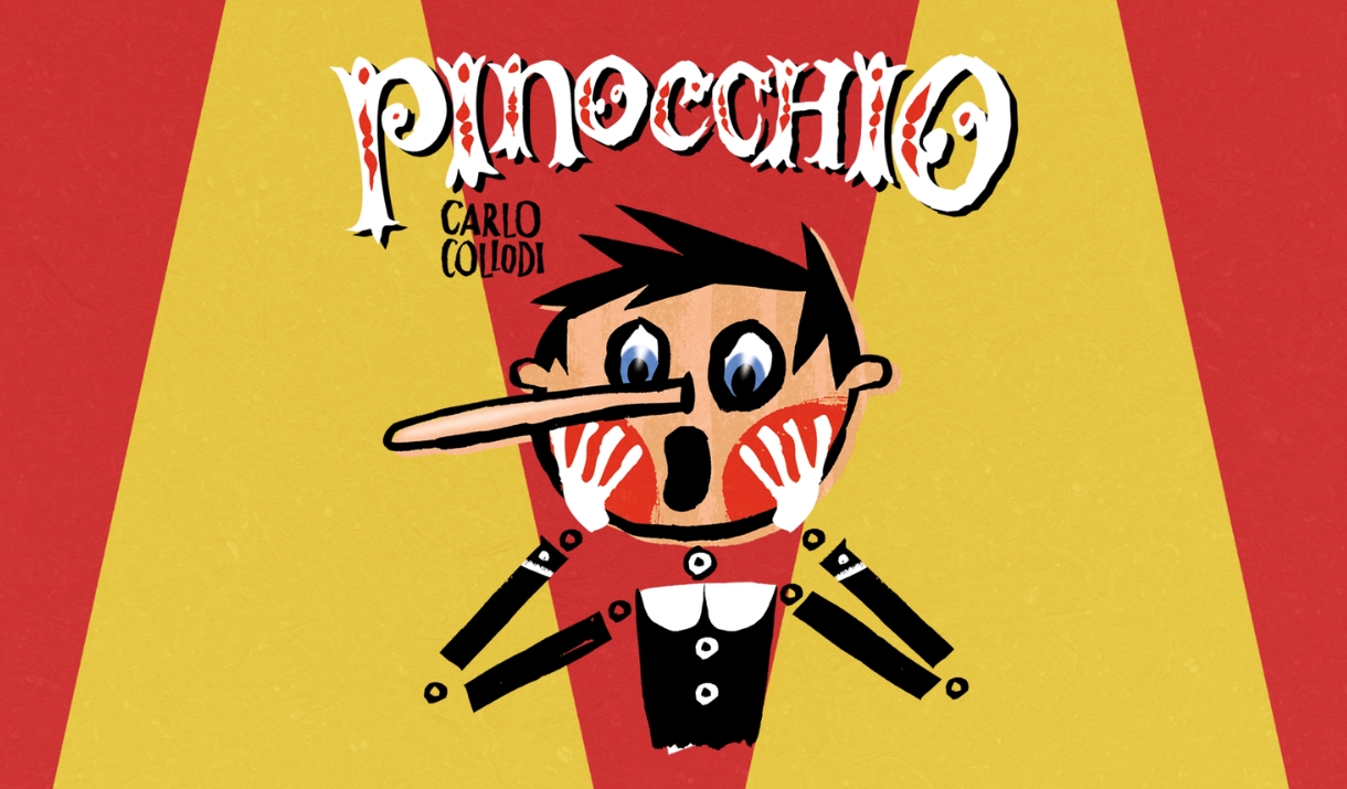 Red and yellow striped background with illustrated Pinocchio puppet in the foreground