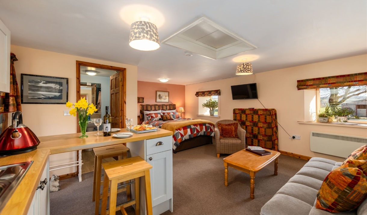 Apartment with double bed and kitchenette at Mosedale End Farm B&B and Glamping Pod in the Lake District, Cumbria