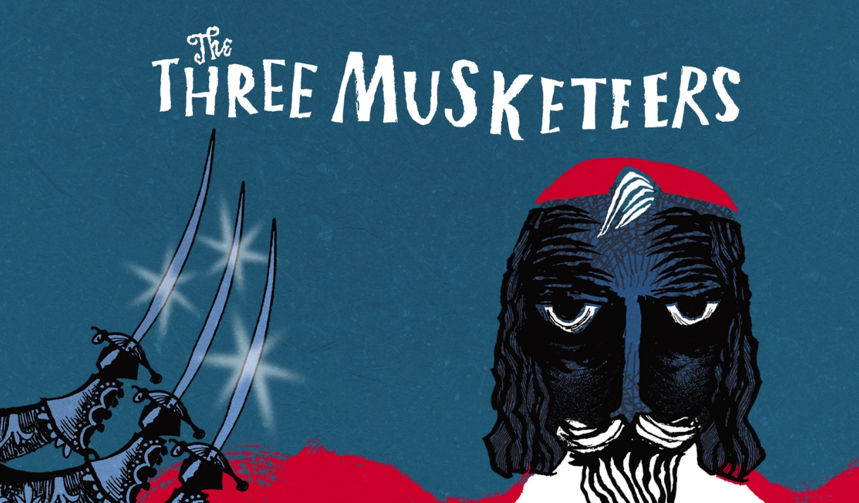 Illustrated graphic of a musketeer and three swords to the left of the image