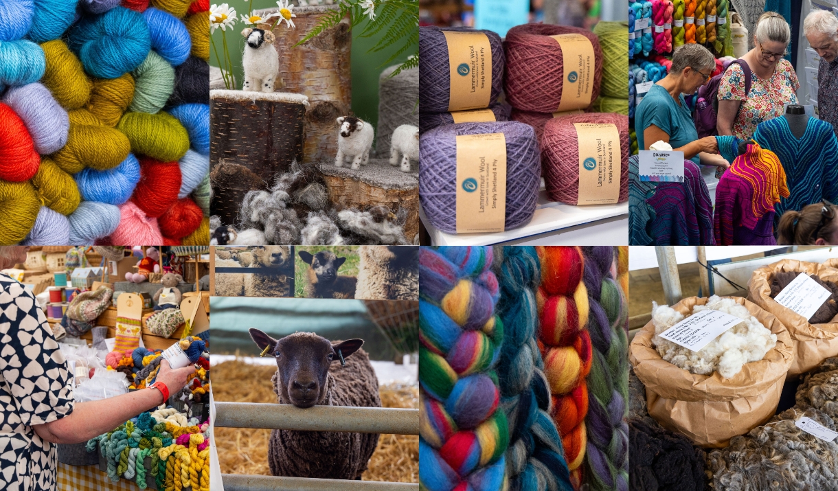 A selection of photos from Cumbrian Wool Gathering 2025 showing lots of different wool, fibres, and a sheep.
