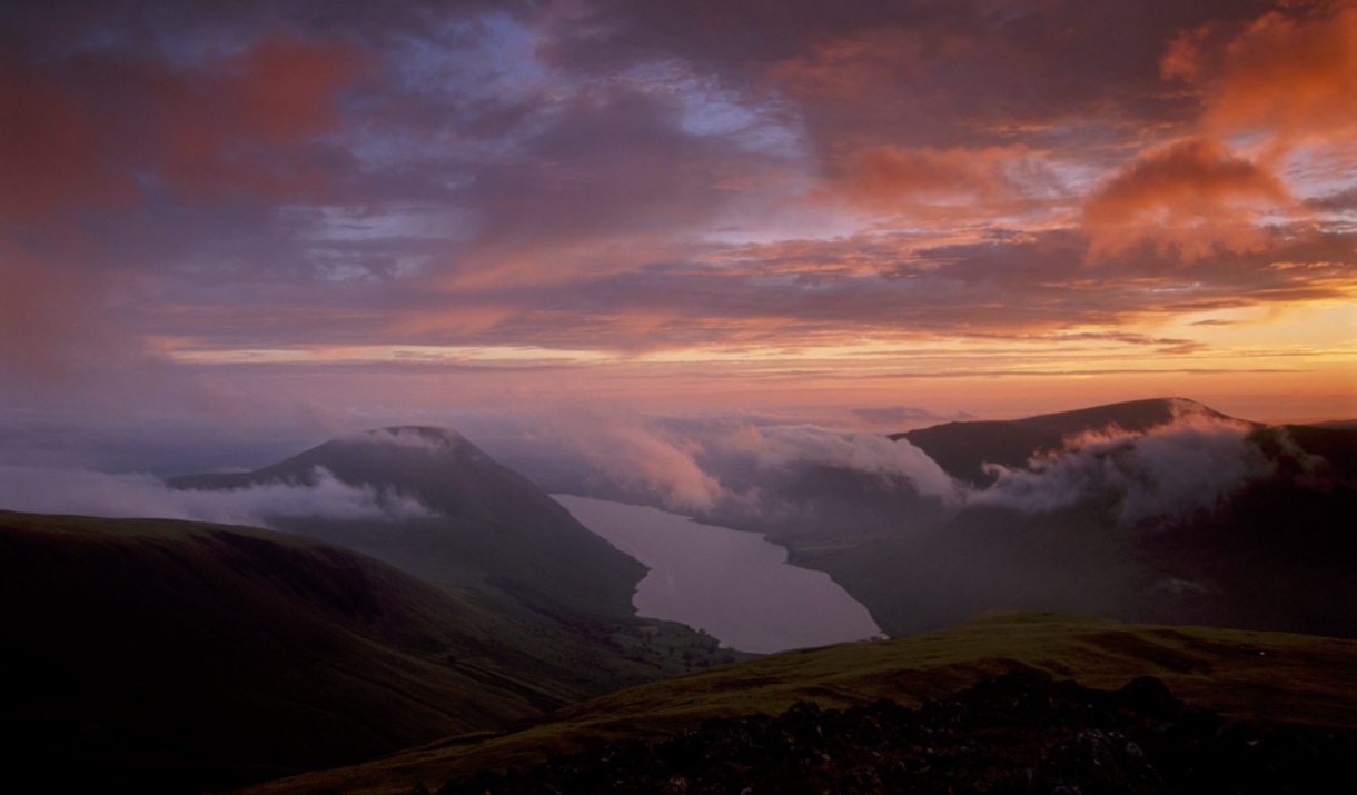 Scenic view of the lake district at sunset