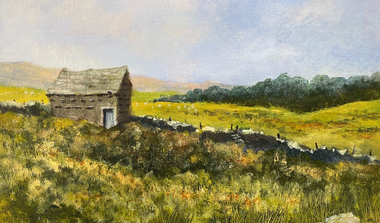 An oil painting depicting a small barn surrounded by a lush green field under a clear blue sky.