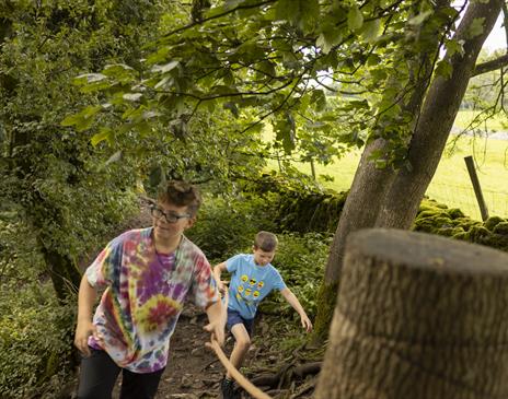 two kids walking along a woodland trail