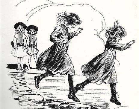 Black-and-white illustration of four children near a stream. Two girls in the foreground are joyfully leaping across stepping stones, their dresses an