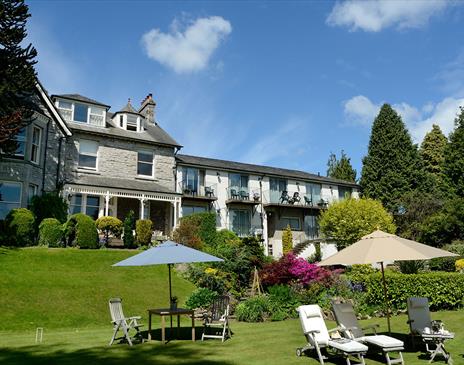 Exterior and garden seating at Clare House Hotel in Grange-over-Sands, Cumbria