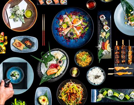 Spread of gourmet food on a table