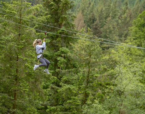 Women zip lining through Whinlatter Forest
