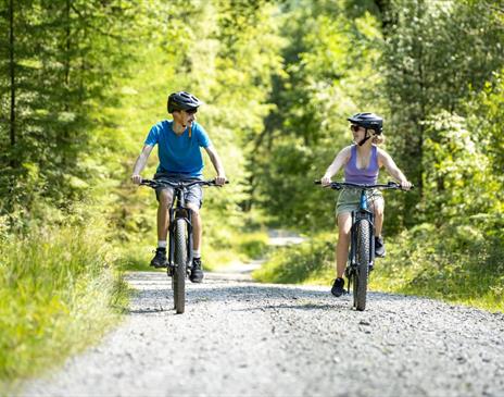 Cyclists on a mountain biking trail at Grizedale Forest in the Lake District, Cumbria