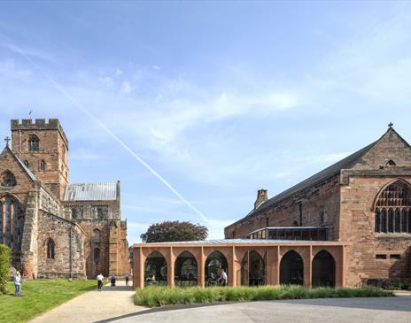 Exterior of Carlisle Cathedral Café and the Cathedral in Carlisle, Cumbria