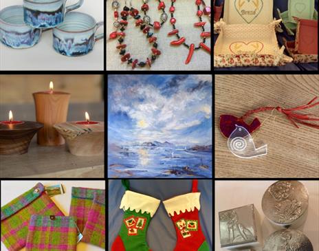 A collage of nine handcrafted items including: ceramic mugs with a blue glaze (top left), red and black beaded jewelry (top center), embroidered fabri