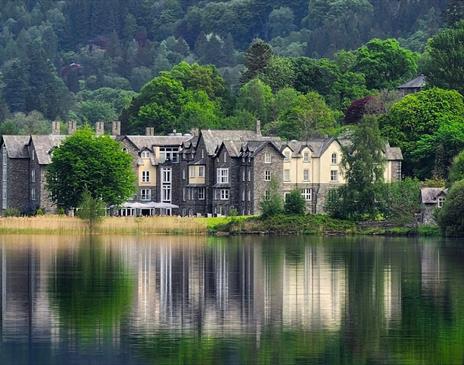 View of Daffodil Hotel & Spa across Grasmere Lake in the Lake District, Cumbria