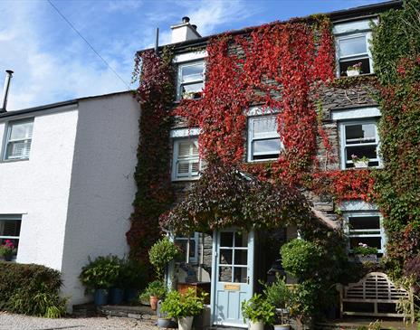 Exterior of Haven Cottage in Ambleside, Lake District, with Ivy and Greenery along the Front of the House