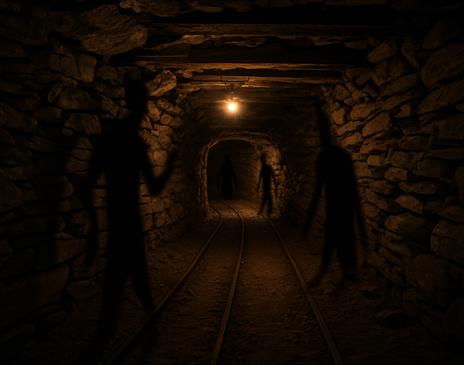 dimly lit mine shaft with multiple shadows against the wall
