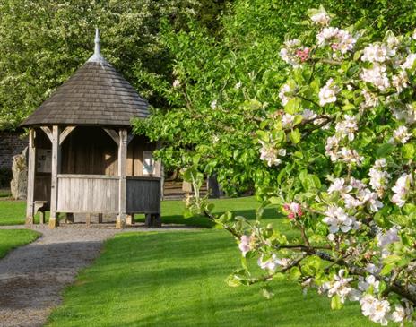 Gazebo and gardens at Mirehouse Historic House and Gardens near Bassenthwaite, Lake District